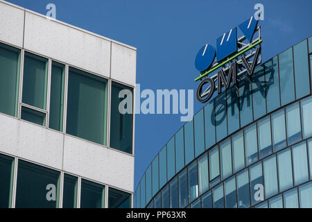 A logo sign outside of the headquarters of OMV AG in Vienna, Austria, on September 6, 2018. Stock Photo