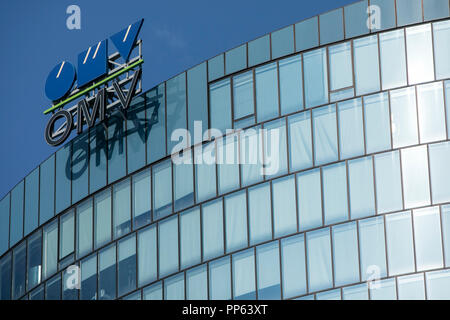 A logo sign outside of the headquarters of OMV AG in Vienna, Austria, on September 6, 2018. Stock Photo