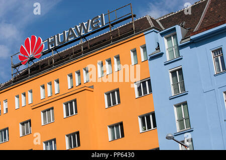 A logo sign outside of a facility occupied by Huawei Technologies in Vienna, Austria, on September 6, 2018. Stock Photo