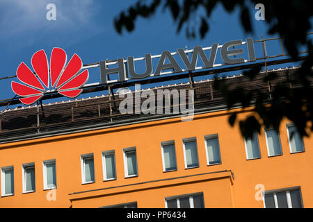 A logo sign outside of a facility occupied by Huawei Technologies in Vienna, Austria, on September 6, 2018. Stock Photo