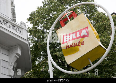 A logo sign outside of a Billa retail grocery store in Vienna, Austria, on September 4, 2018. Stock Photo