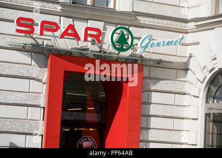 A logo sign outside of a SPAR retail grocery store in Vienna, Austria, on September 5, 2018. Stock Photo