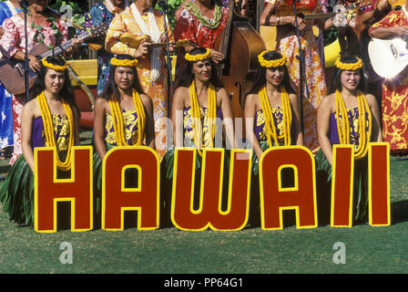 1994 HISTORICAL HAWAII SIGN DANCERS KODAK HULA SHOW WAIKIKI SHELL HONOLULU OAHU HAWAII USA Stock Photo