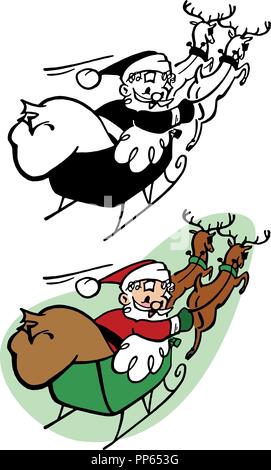 Santa Claus on a sleigh pulled by reindeer flies across the sky and ...
