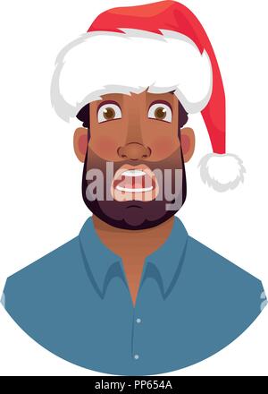 African man in a Santa Claus hat. Portrait of African american man. African american man face expression. Human emotions icon. Set of cartoon vector i Stock Vector