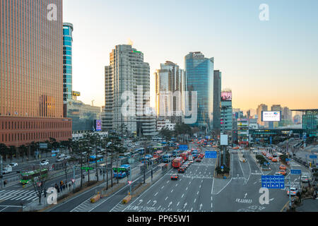 Seoul, South Korea - December 12, 2017: Traffic with cityscape skyline in Seoul city, South Korea Stock Photo