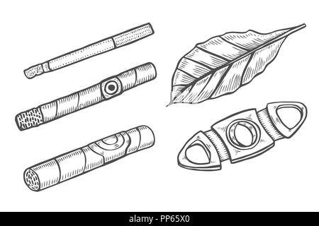 Cigars and guillotine, leaves of tobacco. Smoking set. Sketch engraving style. Stock Vector