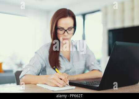 Young freelancer entrepreneur writing notes at laptop, indoors Stock Photo