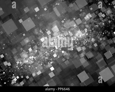 Flying glowing tiles in space black and white, big data, computer generated abstract background, 3D rendering Stock Photo