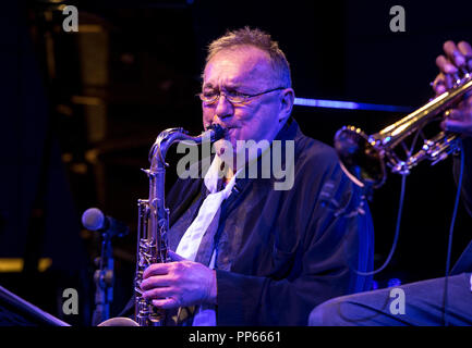 Cracow, Poland - July 5, 2018: Michal Urbaniak  live on stage of Manggha Museum of Japanese Art and Technology at the Summer Jazz Festival in Krakow.  Stock Photo