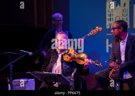 Cracow, Poland - July 5, 2018: Michal Urbaniak  live on stage of Manggha Museum of Japanese Art and Technology at the Summer Jazz Festival in Krakow.  Stock Photo