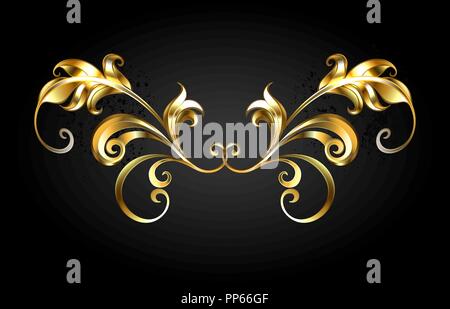 Gold, jewelry, antique frame scroll on black background. Stock Vector