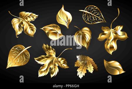 Set of jewelry, gold, shiny, autumn leaves on black background. Stock Vector