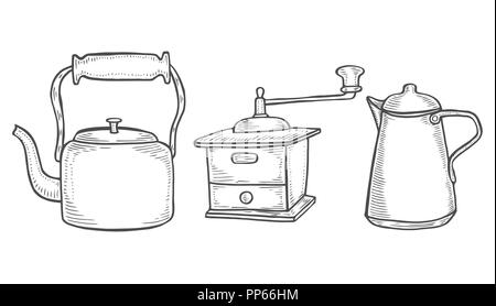 Coffee maker or grinder, Chinese teapot or kettle. Chef and kitchen utensils, cooking stuff for menu decoration. engraved hand drawn in old sketch, vi Stock Vector