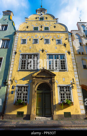 Three Brothers Riga, view of the colorful facade of 19 Maza Pils Iela, one of the famous Three Brothers buildings in medieval Old Riga, Latvia. Stock Photo