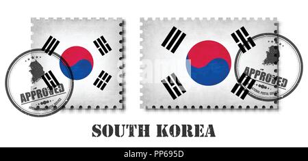 South korea flag pattern postage stamp with grunge old scratch texture and affix a seal on isolated background . Black color country name with abrasio Stock Vector