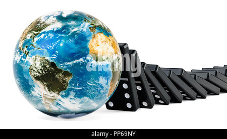 Dominoes tiles falling on to the Earth Globe, 3D rendering isolated on white background Stock Photo