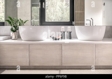 Contemporary bathroom with white and tiled gray walls. There are white sinks with chrome faucets, mirrors, green plant in a steel pot, black candlesti Stock Photo