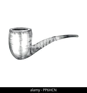 Wooden Tobacco Pipe, Smoking Wooden pipe. Vector isolated illustration in hand drawn engraving style. Stock Vector