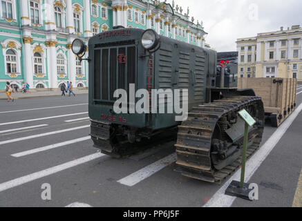 Saint Petersburg, Russia - August 11, 2017: Tractor stalinets on Palace square on 11 August 2017 in St. Petersburg, Russia. Stock Photo