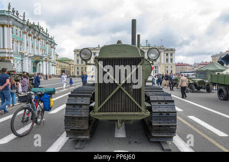 Saint Petersburg, Russia - August 11, 2017: the American caterpillar tractor on Palace square on 11 August 2017 in St. Petersburg, Russia. Stock Photo