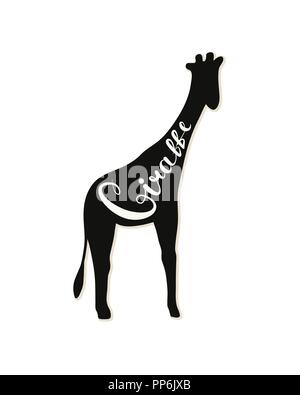 Silhouette of a giraffe on a white background. Vector illustration. Calligraphy inscription. Stock Vector