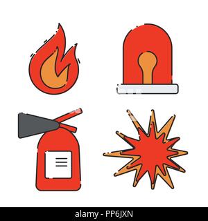 A set of flat icons on the theme of fire. Explosion, burning, fire extinguisher and alarm. Vector illustration. Stock Vector