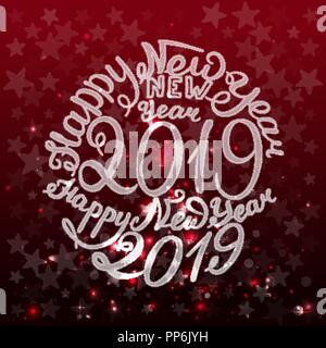2019. Happy New Year. Handwriting text. Vector illustration red background. Stock Vector