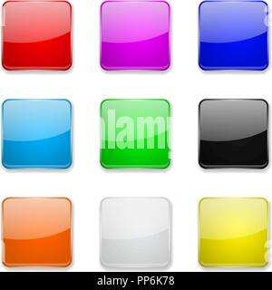 Square glass buttons. Colored set of 3d icons Stock Vector