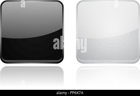 Square glass buttons. Black and white 3d icons Stock Vector