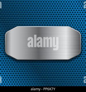 Brushed metal plate on blue perforated background Stock Vector