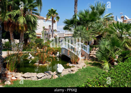 Beautiful well-groomed yard with lush tropical plants, bridge across small green pond. Residential complex with townhouses. Torrevieja city, Spain Stock Photo