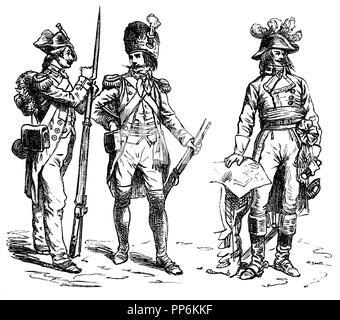 War costume of modern times, France, left infantryman 1799, middle Grenadier 1795, right: General 1795, anonym  1896 Stock Photo