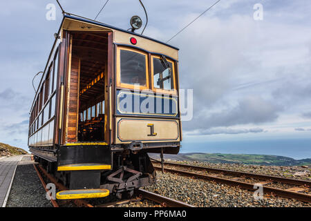Snaefell Mountain Railway tram on the summit, Isle of Man. Stock Photo