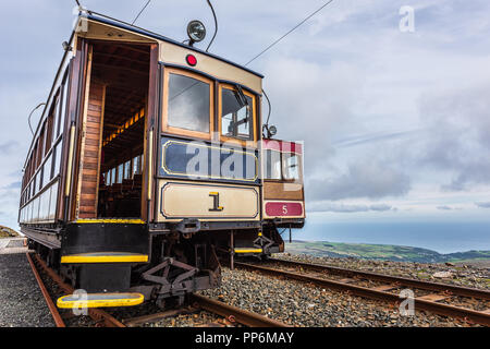 Snaefell Mountain Railway trams on the summit, Isle of Man. Stock Photo