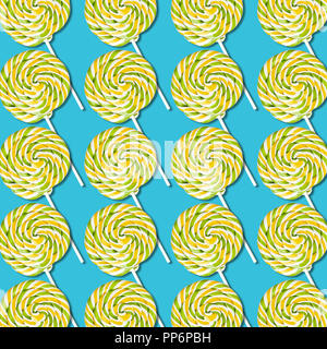 Symmetrical lollipop candies arrangement on turquoise background, colorful sweet food texture Stock Photo