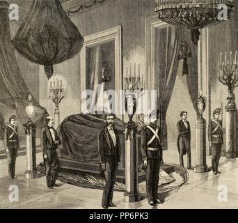 Benito Juarez (1806-1872). Mexican politician of Zapotec origin from Oaxaca. President of Mexico. 'The corpse of president exposed in the main hall of the palace'. Engraving by Man. 'La Ilustracion Espanola y Americana', 1872. Stock Photo