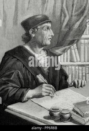 Antonio Nebrija (1441-1522). Spanish scholar, historian, teacher and poet. Writing a grammar of the Castilian language. Engraving. Stock Photo