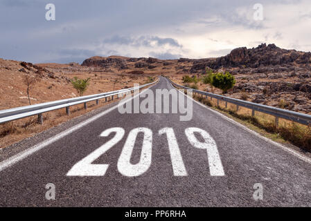 Empty road ahead message on the highway lane New Year Resolution 2019 Stock Photo