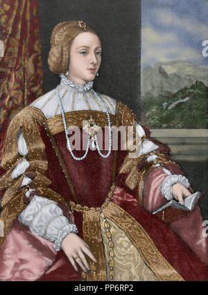 Isabella of Portugal (1503-1539). Queen of Spain and Empress of Germany. Engraving after a painting of Titian, by Al Dauvergne. The Artistic Illustration, 1902. Colored.