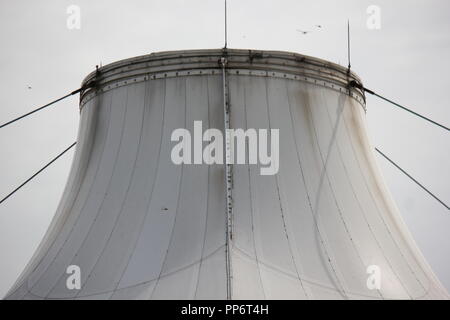 Top of a round and white big top tent being held down with tensile cables. Stock Photo