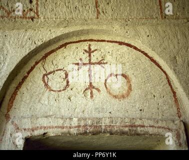 Turkey. Goreme National Park. Troglodyte church. Detail from a painting at the entrance of the troglodyte church. Central Antatolia. Stock Photo