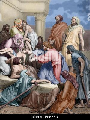 New Testament. Jesus healing the sick. Gospel of Matthew, Chapter IV, Verses 23-25. Drawing by Gustave Dore. Engraving by Bertrand. 19th century. Colored. Stock Photo