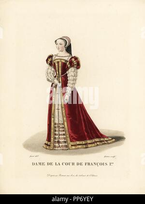 Lady of the court of King Francois I of France, 16th century. After a portrait on wood. Handcoloured copperplate engraving by Gatine after an illustration by Louis Marie Lante from Pierre de la Mesangere's 'Costumes des femmes celebres' (Costumes of Famous Women), Paris, 1827. Stock Photo