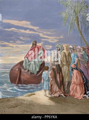 New Testament. Jesus preaching in the Sea of Galilee. Gospel of Luke, Chapter IV, Verses 1-3. Gustave Dore drawing. Engraving by Hildebrand. 19th century. Colored. Stock Photo