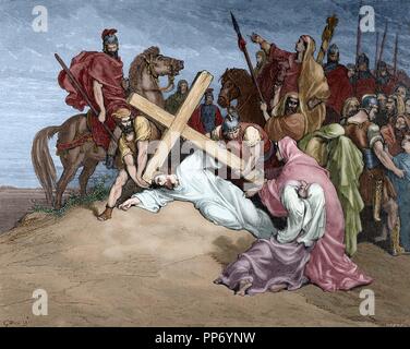 New Testament. Gospel of John. Chapter XIX. Jesus reaches the top of Calvary. Gustave Dore's drawing. Engraving by Huyot. 19th century. Colored. Stock Photo