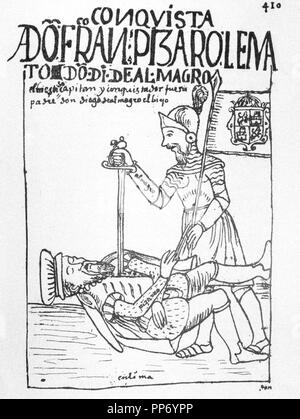 FELIPE HUAMAN POMA DE AYALA. CRONISTA INDIGENA DEL VIRREINATO DEL PERU.1534-1615. ILUSTRACION DE SU OBRA , ' NUEVA CRONICA Y BUEN GOBIERNO '. BIBLIOTECA DEL INSTITUTO DE COOPERACION IBEROAMERICANA. MADRID. MUERTE DE FRANCISCO PIZARRO A MANOS DE DIEGO DE ALMAGRO. Stock Photo