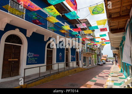 Panama City, Panama--April 19, 2018. A brightly decorated block in Panama City captures the energy and charm of the city. Stock Photo