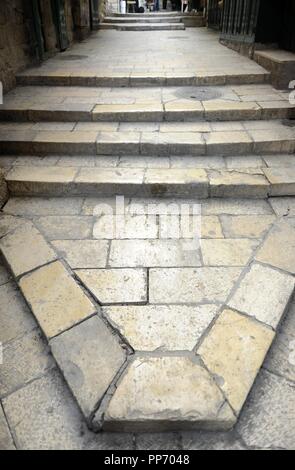 Israel. Jerusalem. Via Dolorosa. Street of Old City, which traditionally Jesus walked carrying the cross, way to his crucifixion. Stock Photo