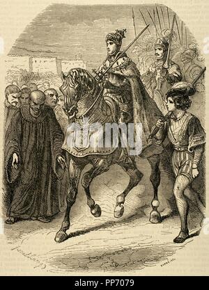Louis XII (1462-1515). King of France from 1498-1515 and King of Naples from 1501-1504. House of Valois. Louis XII entering the city of Genoa. Engraving by Dupre. Biblioteca Universal. Ediciones Populares, 1851.